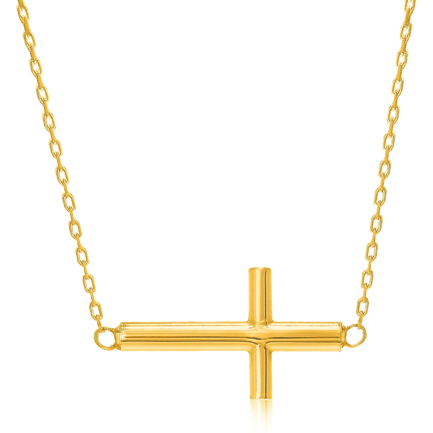 14k Yellow Gold Necklace with a Polished Cross Design in a sleek high-contrast midnight luxury editorial style